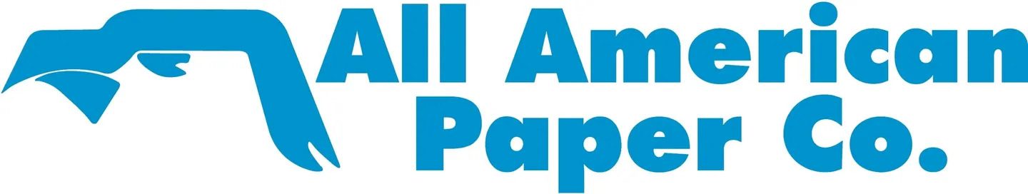 A blue and white logo for all about paper.